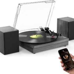 VEDO Toca-Discos Retro Bluetooth 2 Alto-Falantes Estéreo, Giradiscos 3 Velocidades (33/45/78 RPM) para Vinil, Conversor LP/MP3 via USB - Madeira Elegante Preta, Escolha dos Amantes da Música