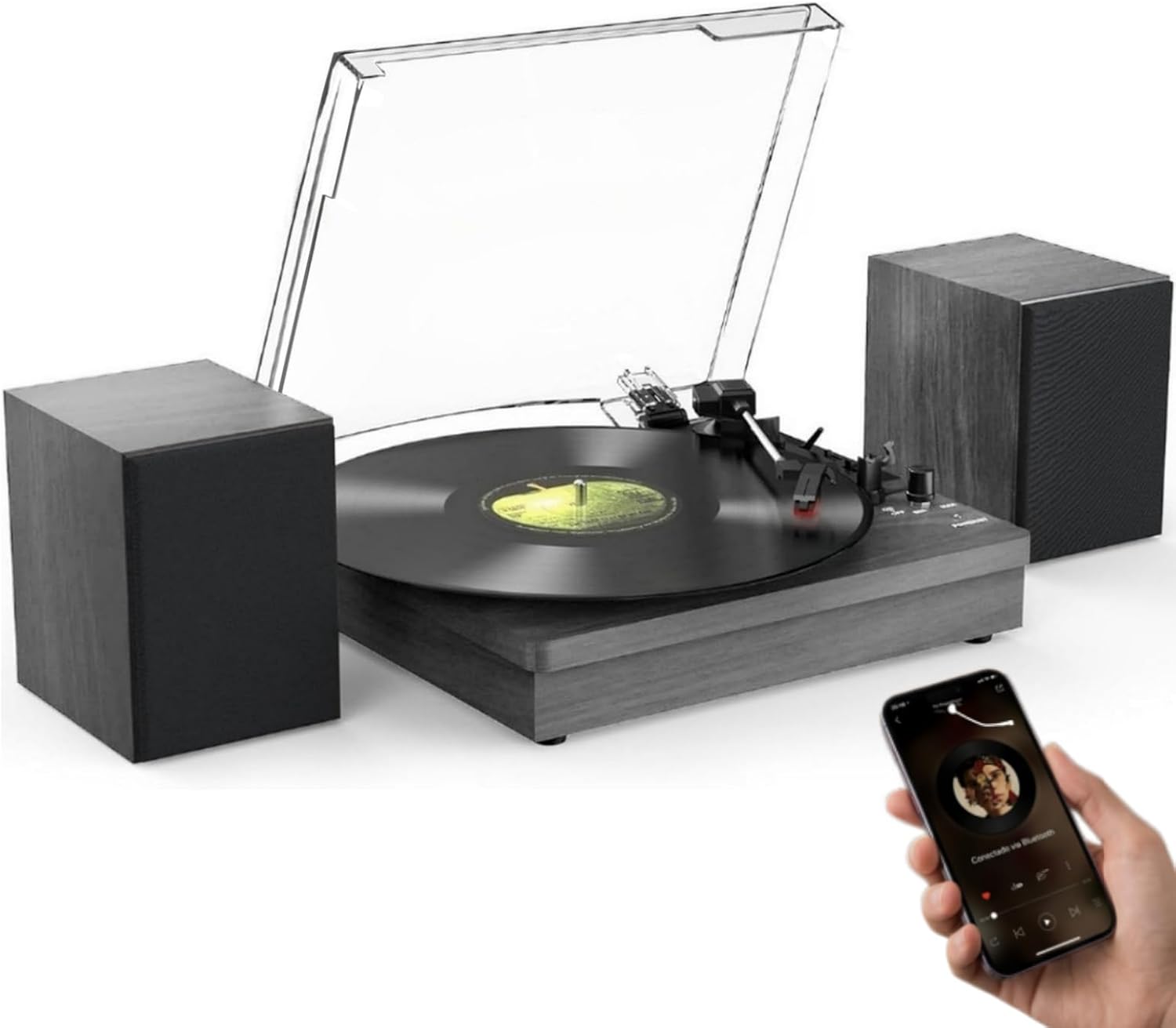 VEDO Toca-Discos Retro Bluetooth 2 Alto-Falantes Estéreo, Giradiscos 3 Velocidades (33/45/78 RPM) para Vinil, Conversor LP/MP3 via USB - Madeira Elegante Preta, Escolha dos Amantes da Música